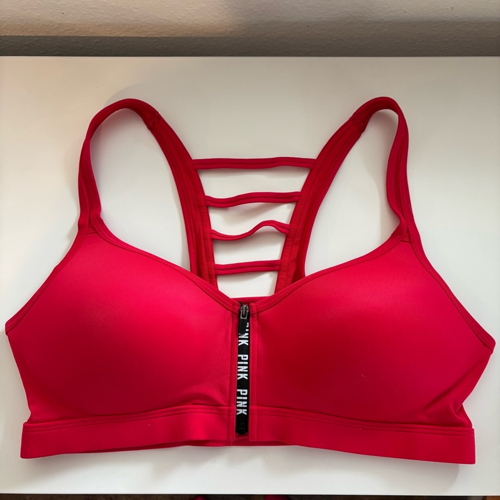Victoria's Secret PINK Red Sports Bra Front Zip push-up style athletic bra